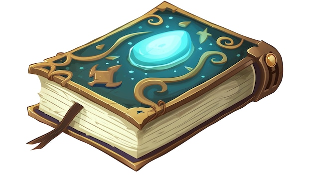 Uma ilustração de um livro mágico O livro é aberto e tem uma jóia azul brilhante na capa O livro é encadernado em couro castanho e tem sotaques dourados