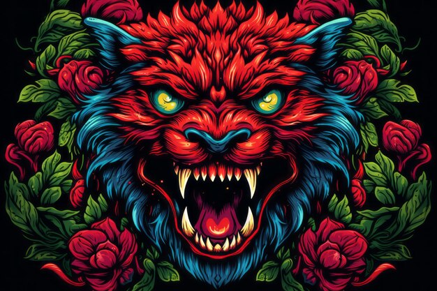 uma ilustração de um lobo com rosas em um fundo preto