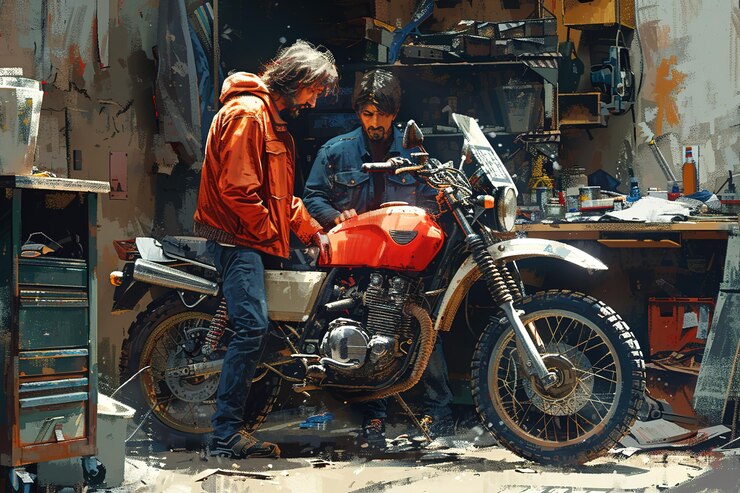 Foto uma ilustração de um mecânico de motocicleta desenhado à mão ensinando um jovem aprendiz em uma garagem desordenada bem usada espaço livre para texto ar 32 stylize 750 v 6 job id 33c1e90657664accae463713276480