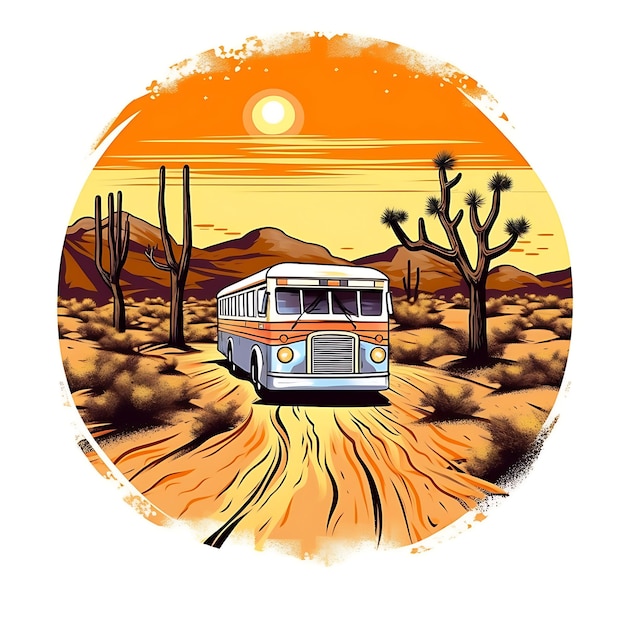 Uma ilustração de um ônibus dirigindo por um deserto com o sol ao fundo Generative AI