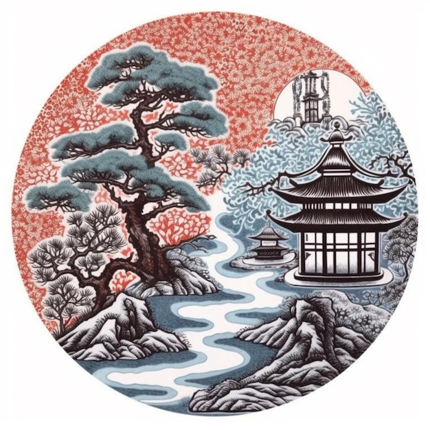 Uma ilustração de um pagode japonês e um rio.