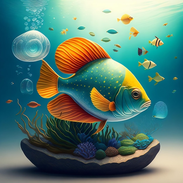 Uma ilustração de um peixe com fundo azul e uma faixa amarela na parte inferior.