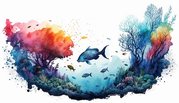 Uma ilustração de um peixe e corais