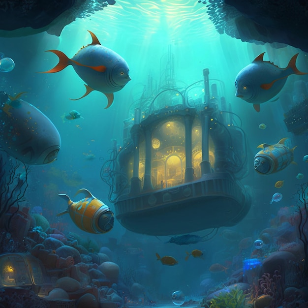 Uma ilustração de um submarino com um aquário no fundo.