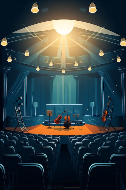 uma ilustração de um teatro com um violino no palco e o sol a brilhar pelas janelas.