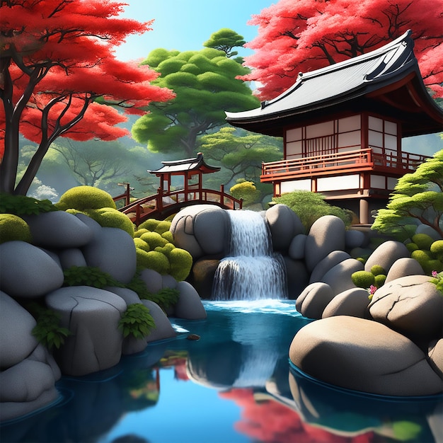 uma ilustração de um tranquilo jardim japonês com pedras cuidadosamente dispostas fluindo água e como