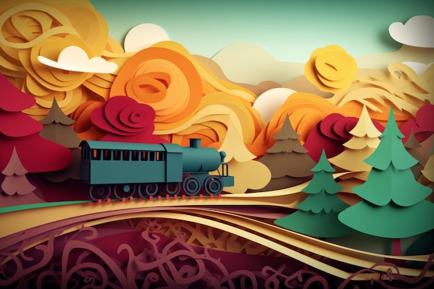 Uma ilustração de um trem com um fundo de árvores e montanhas.