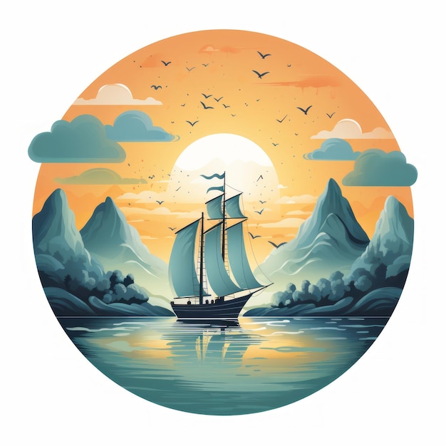 uma ilustração de um veleiro no oceano com montanhas ao fundo