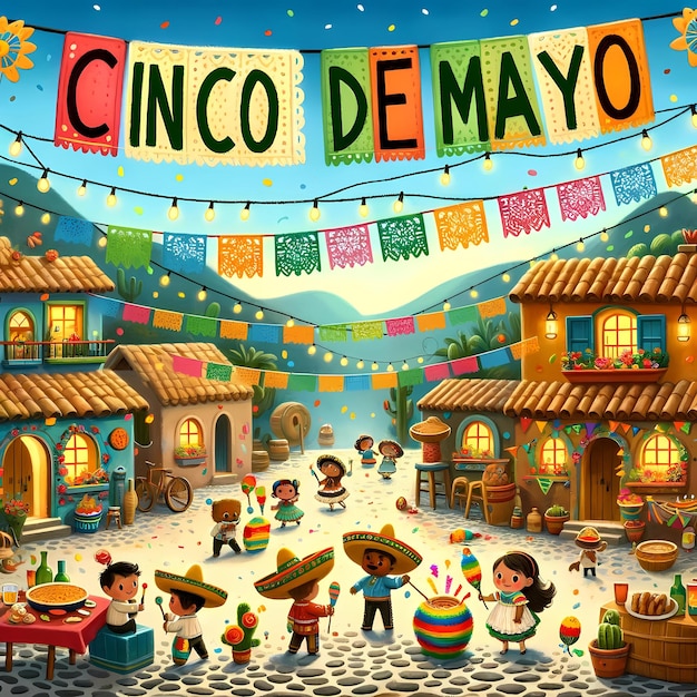 Uma ilustração de uma aldeia mexicana celebrando o cinco de maio