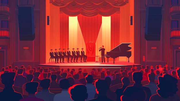 Foto uma ilustração de uma apresentação musical ao vivo um pianista está tocando no palco com um coro de cantores atrás dele