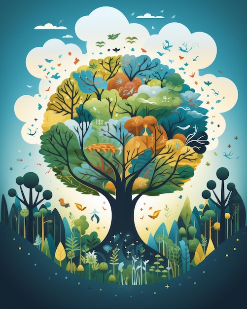 uma ilustração de uma árvore cercada por pássaros e outros animais