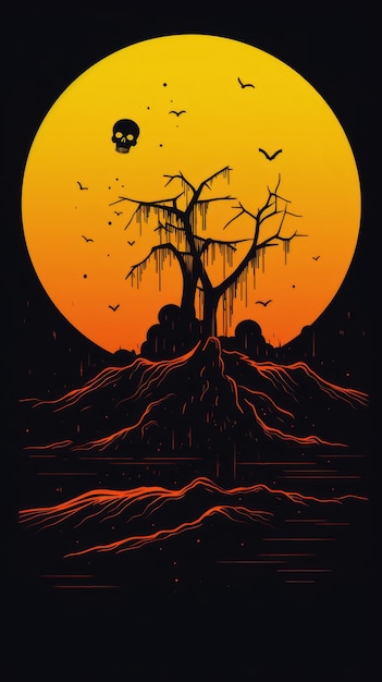 uma ilustração de uma árvore com morcegos voando sobre ela