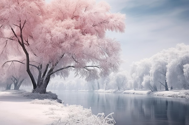 uma ilustração de uma árvore rosa ao lado de um rio