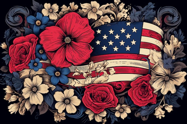 uma ilustração de uma bandeira americana e uma flor vermelha.