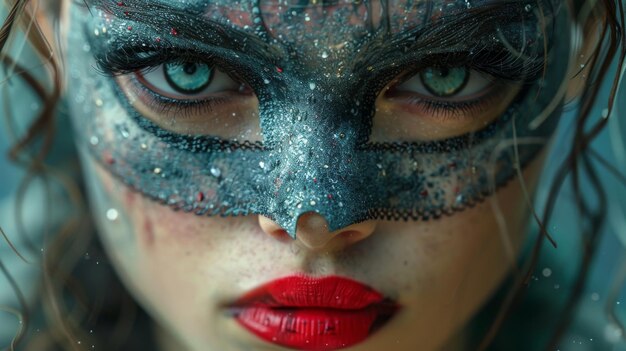 Uma ilustração de uma bela mulher com maquiagem gótica coberta por uma máscara pintada em uma textura grunge projetada por mim