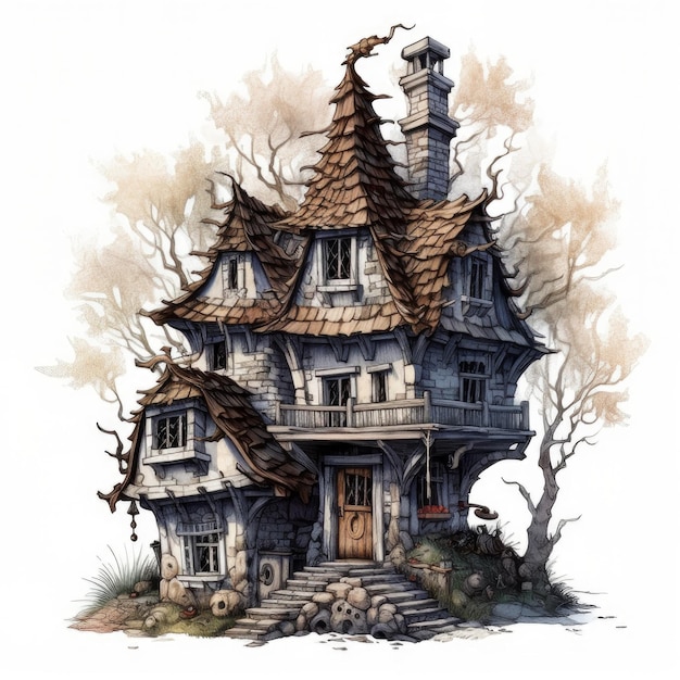 Uma ilustração de uma casa de duende escuro no estilo de marrom claro