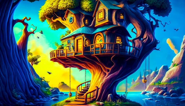 Uma ilustração de uma casa na árvore na floresta IA geradora