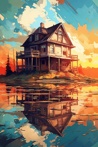 Uma ilustração de uma casa perto de um lago e água