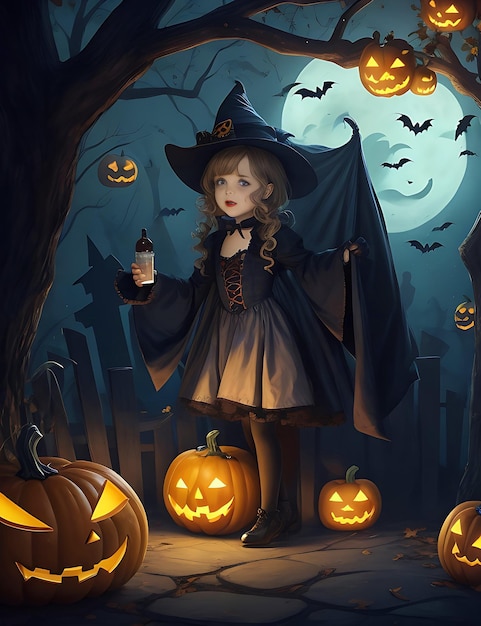 Uma ilustração de uma cena de Halloween com uma abóbora e uma bruxa