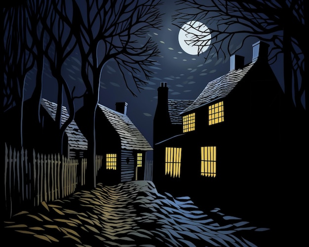 uma ilustração de uma cena noturna com casas e árvores