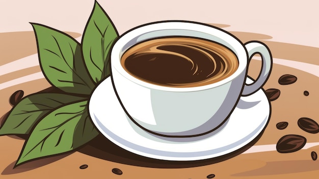 uma ilustração de uma chávena de café e folhas