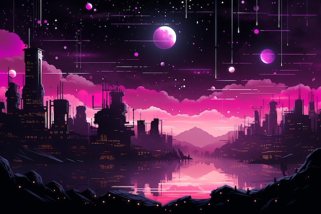 uma ilustração de uma cidade futurista à noite