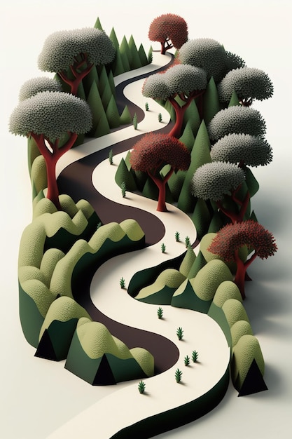 Uma ilustração de uma estrada sinuosa com árvores e um pequeno grupo de pessoas.