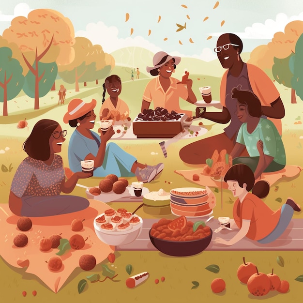 Uma ilustração de uma família fazendo um piquenique em um parque