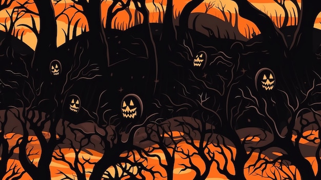 uma ilustração de uma floresta de halloween com abóboras e árvores