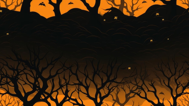 uma ilustração de uma floresta escura com árvores e morcegos
