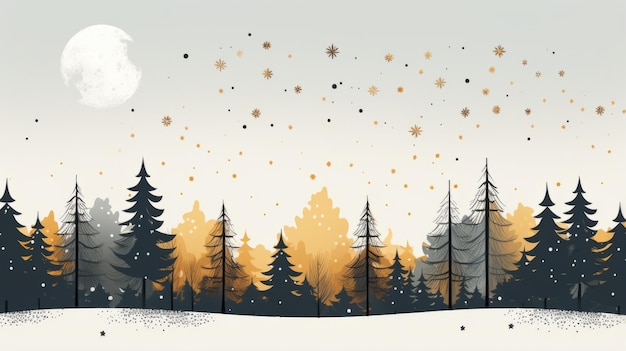 uma ilustração de uma floresta nevada com árvores e lua cheia
