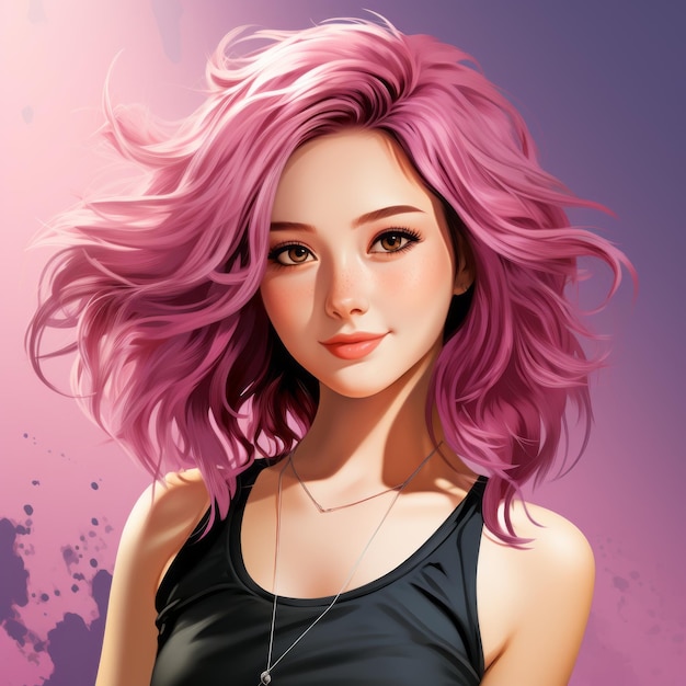 uma ilustração de uma garota com cabelo rosa