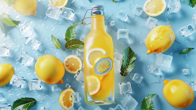 Uma ilustração de uma garrafa de chá gelado com limão em um fundo de cubos de gelo com limões cortados e folhas de chá no copo