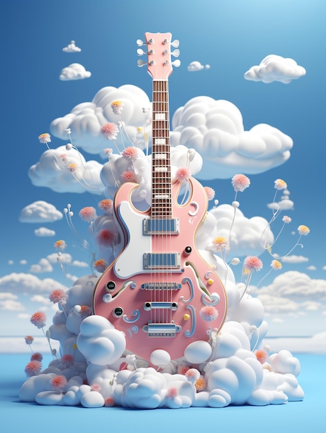 Foto uma ilustração de uma guitarra gigante cercada por nuvens