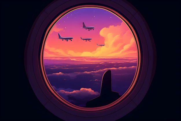 Uma ilustração de uma janela plana com três aviões voando no céu.