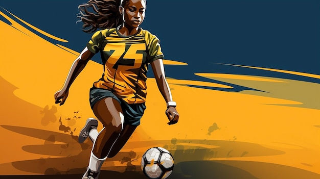 Uma ilustração de uma jogadora de futebol com a bola