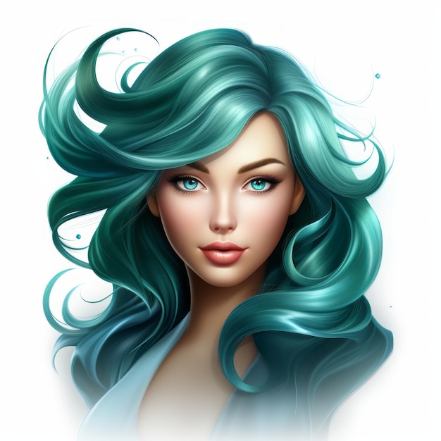 uma ilustração de uma linda mulher com cabelo azul