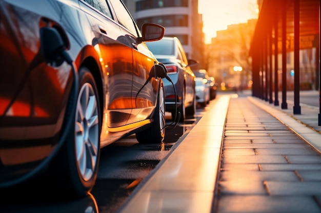 Uma ilustração de uma linha de carros elétricos carregando em uma estação pública Generative Ai