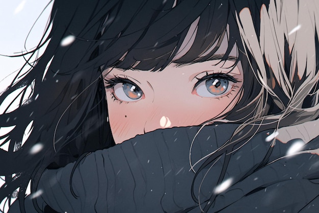 Uma ilustração de uma menina adorável e bonita de pé no vento frio no inverno