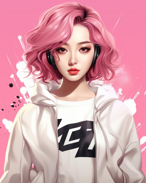 uma ilustração de uma menina com cabelo rosa e fones de ouvido