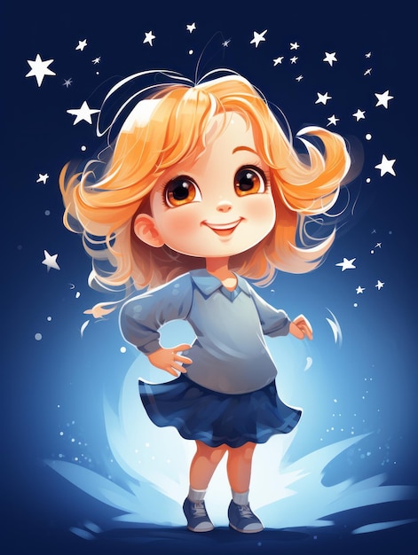 uma ilustração de uma menina com cabelos loiros e estrelas no vestido