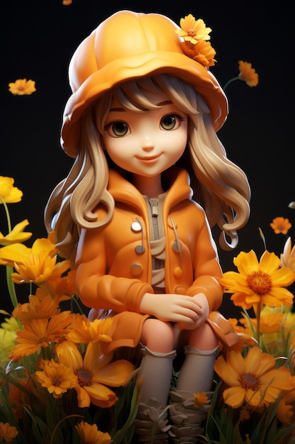 uma ilustração de uma menina com um casaco laranja e chapéu sentada em um campo de flores