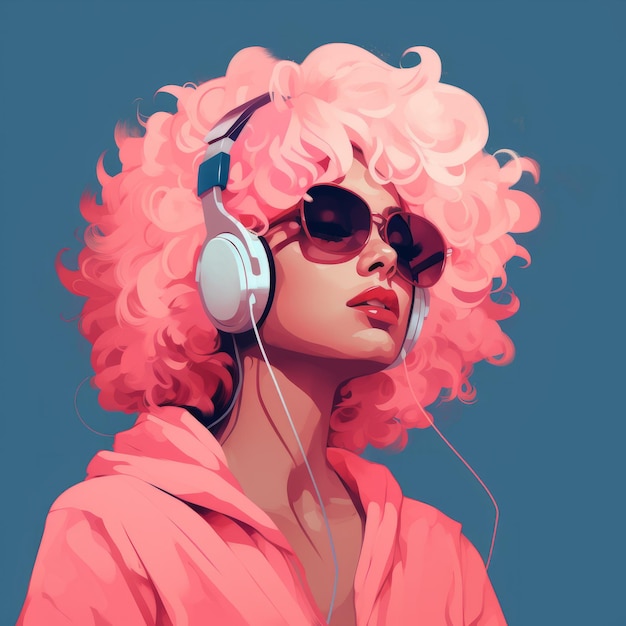 uma ilustração de uma mulher com cabelo rosa e fones de ouvido