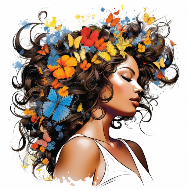 uma ilustração de uma mulher com flores no cabelo