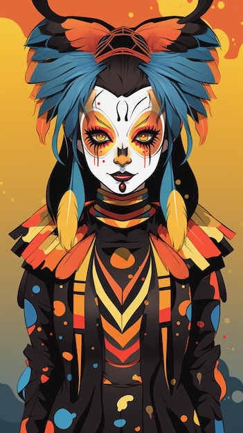 uma ilustração de uma mulher com maquiagem e penas coloridas
