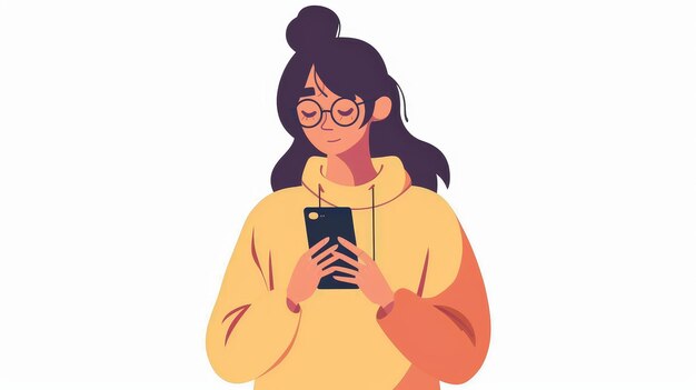 Foto uma ilustração de uma mulher usando seu celular segurando um smartphone e um celular em suas mãos uma jovem mulher com óculos olhando para seu celular lendo on-line navegando na internet