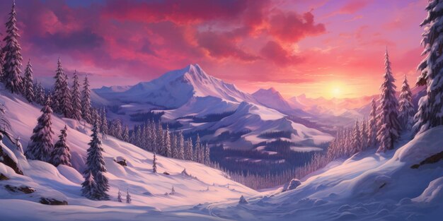 uma ilustração de uma paisagem coberta de neve com uma montanha no fundo