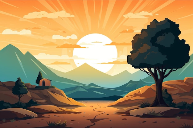 uma ilustração de uma paisagem montanhosa ao pôr do sol