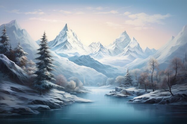 uma ilustração de uma paisagem montanhosa coberta de neve com um rio atravessando-a