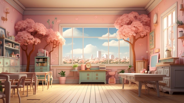 Uma ilustração de uma sala de aula com paredes cor-de-rosa e móveis brancos